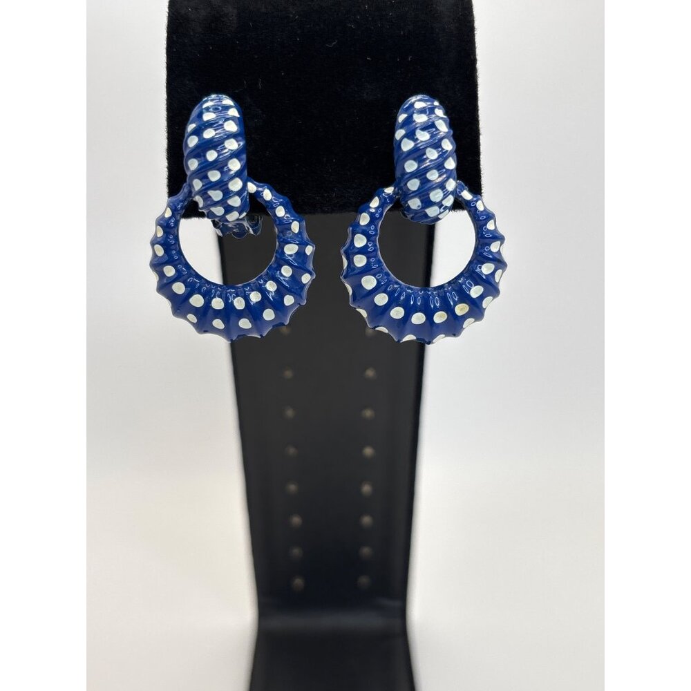 Vintage 1980's Retro Enamel Blue Polka Dot Clip On Earrings Gold Tone Finish